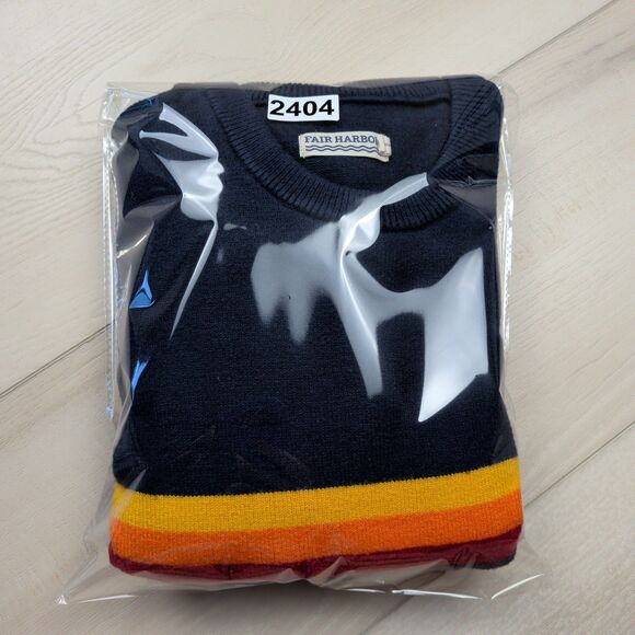 Fair Harbor Robinson Sweater Mens M Navy Blue Yellow Orange Red Stripe Crew Neck - Picture 9 of 9